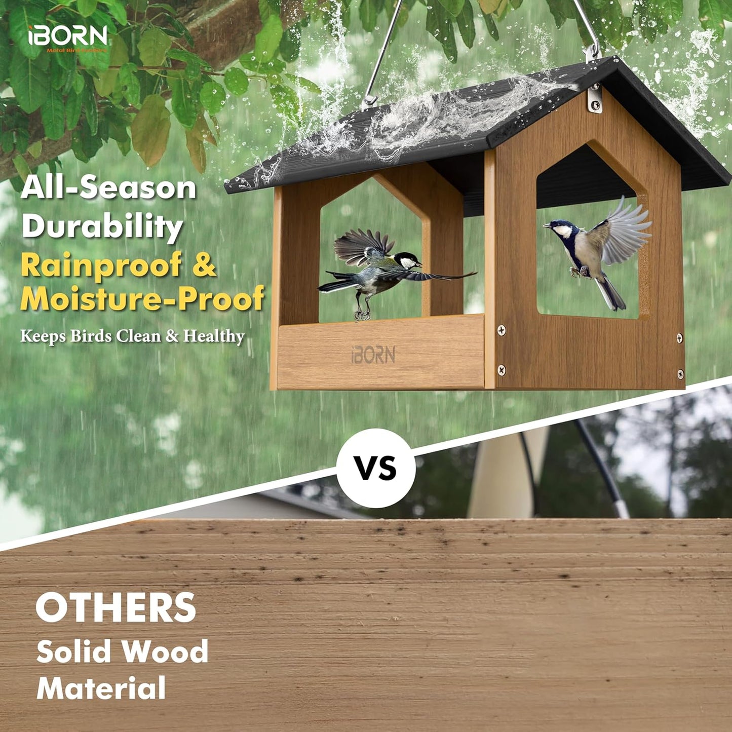 iBorn Pavilion Bird Feeder, Covered Platform Bird Feeder for Outdoors Hanging, WPC Recycled Plastic & Waterproof, Black