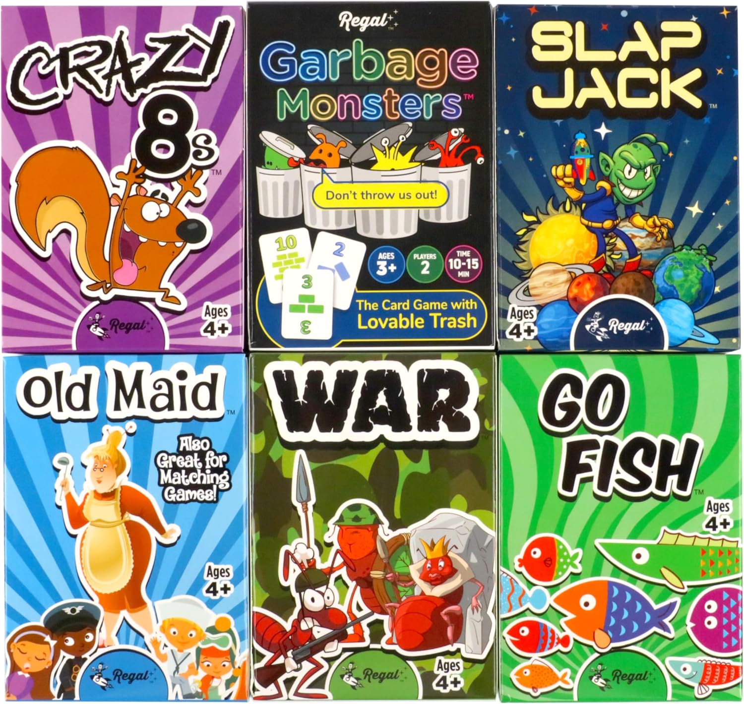 Regal Games Card Games for Kids - Go Fish, Crazy 8's, Old Maid, Slap J