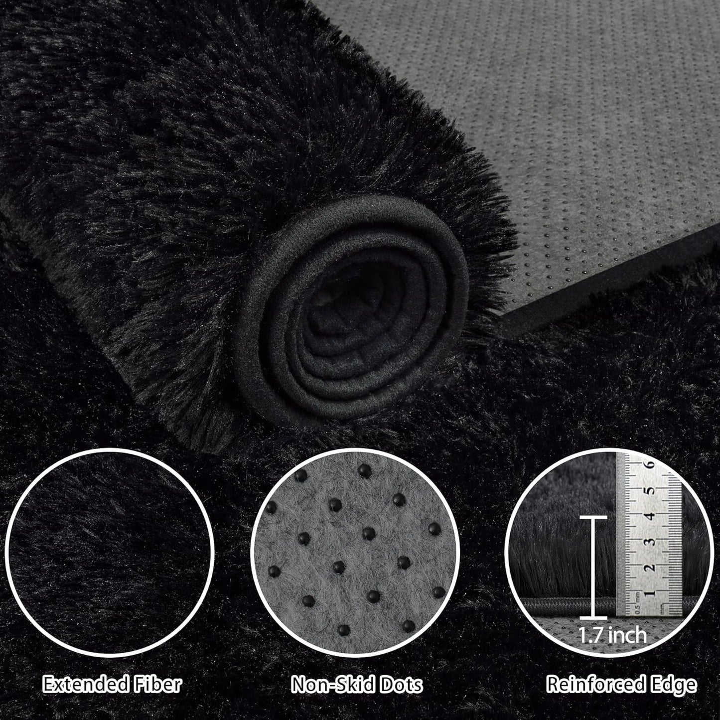 8x10 Area Rug for Living Room:Ultra Soft Fluffy Shag Black Rugs,Large Fuzzy Plush Indoor Non Slip Carpet Washable Rug for Bedroom Kids Nursery Office Dorm Modern Decor(Black)