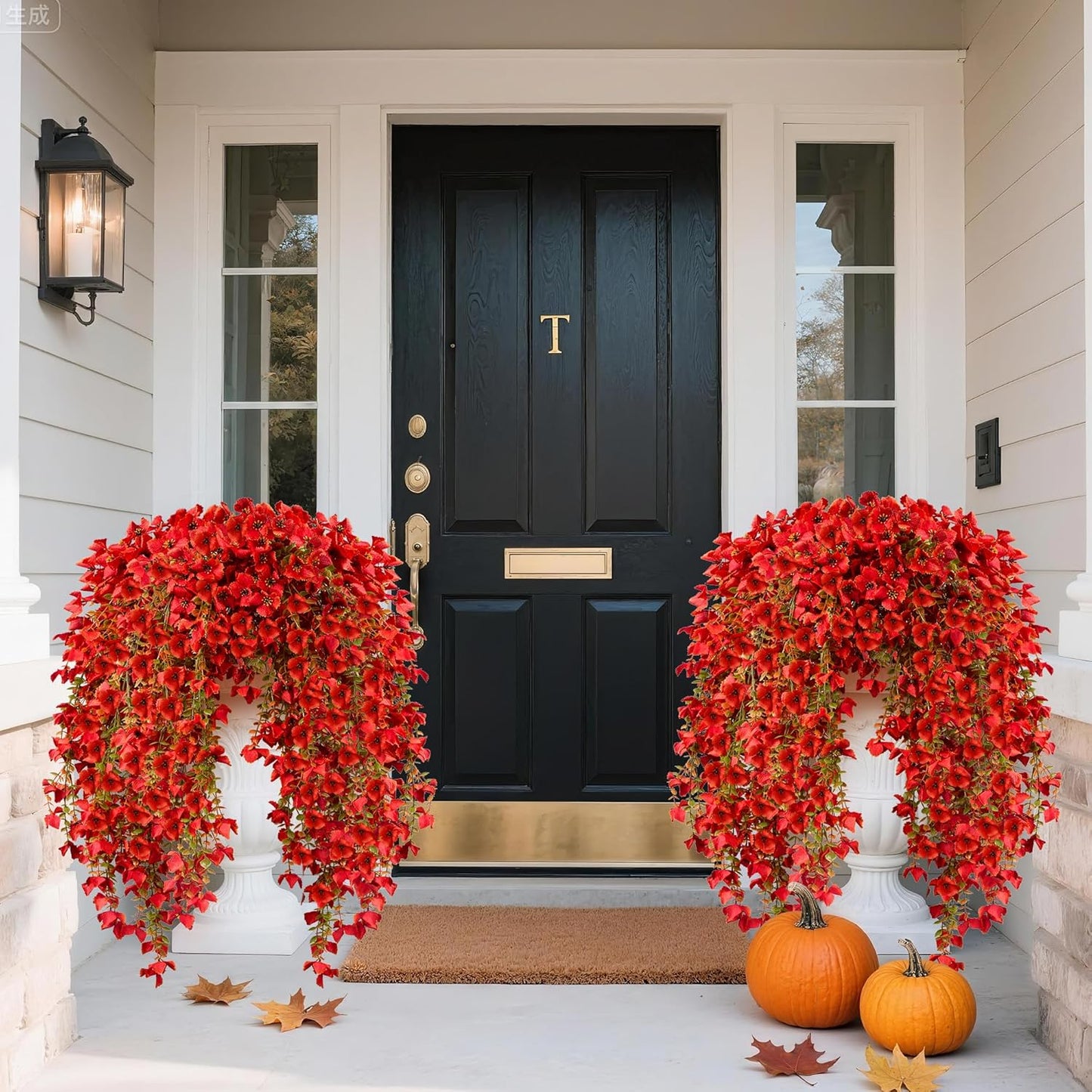 Artificial Fall Hanging Flowers Plants for Outdoors, 2Pcs Faux Silk Fake Hydrangea Mums for Autumn, UV Resistant Realistic Plants for Home Garden Porch Patio Balcony Planter Yard (2Pcs Fall Orange)