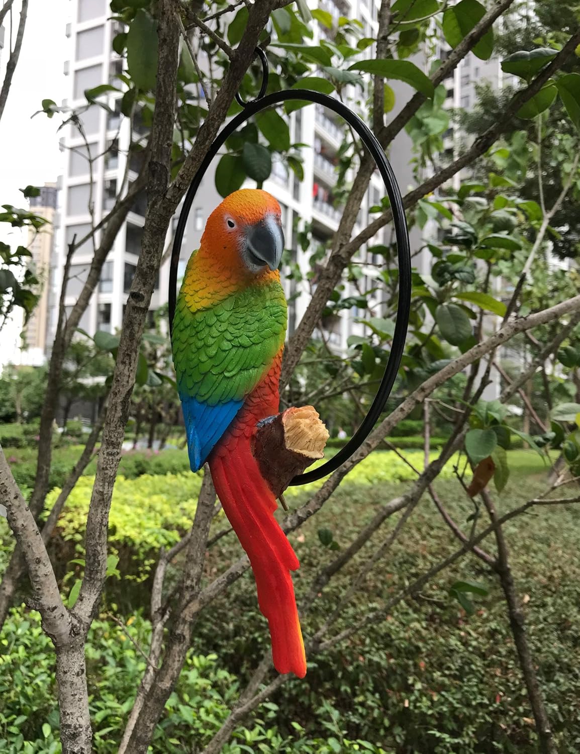 Ruerlity Hanging Parrot Statue Sculpture On Ring Lawn Ideal Decor for Patio Home and Garden