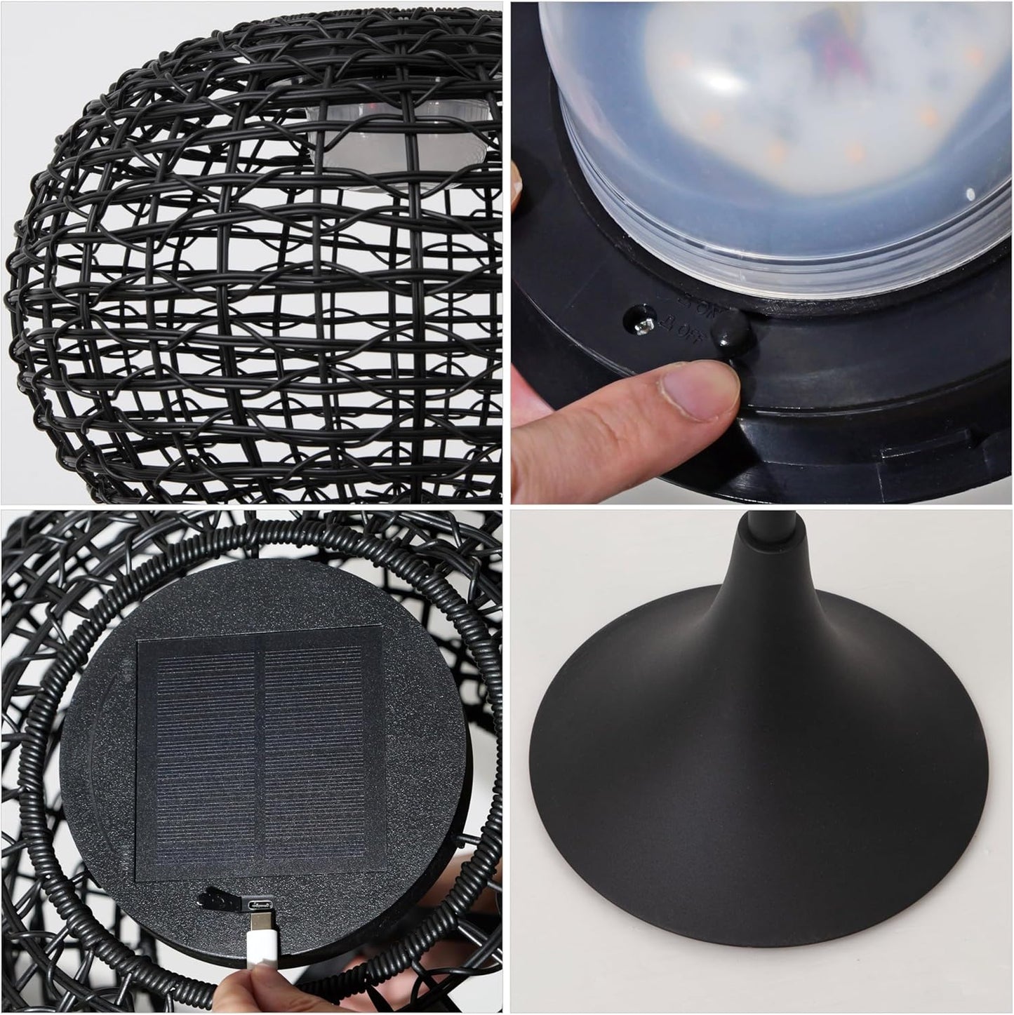 JONATHAN Y 58" Black Modern Outdoor Solar Floor Lamp, Waterproof LED Standing Light for Patio, Deck, Porch, Faux Rattan Shade, USB-C Rechargeable, Coastal Decor JYL2601A