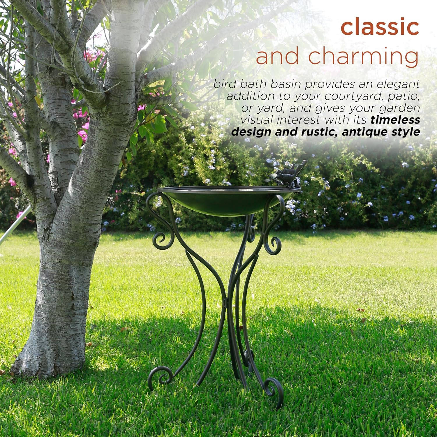 Alpine Corporation Vintage Metal Birdbath with Twigs and Bird Figurine
