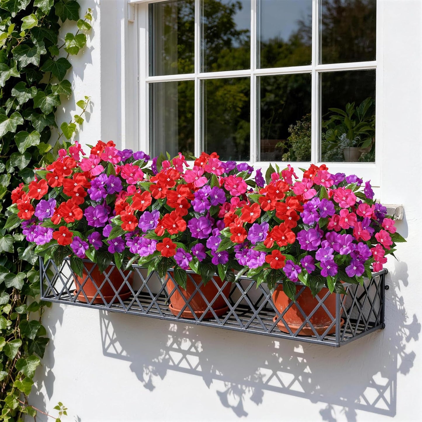 12 Bundles Artificial Impatiens Flowers for Outdoors 20'' Fake Potted Flower 2 Set Quality UV Resistant Realistic Silk Faux Flowers for Outside Balcony Garden Window Box, White