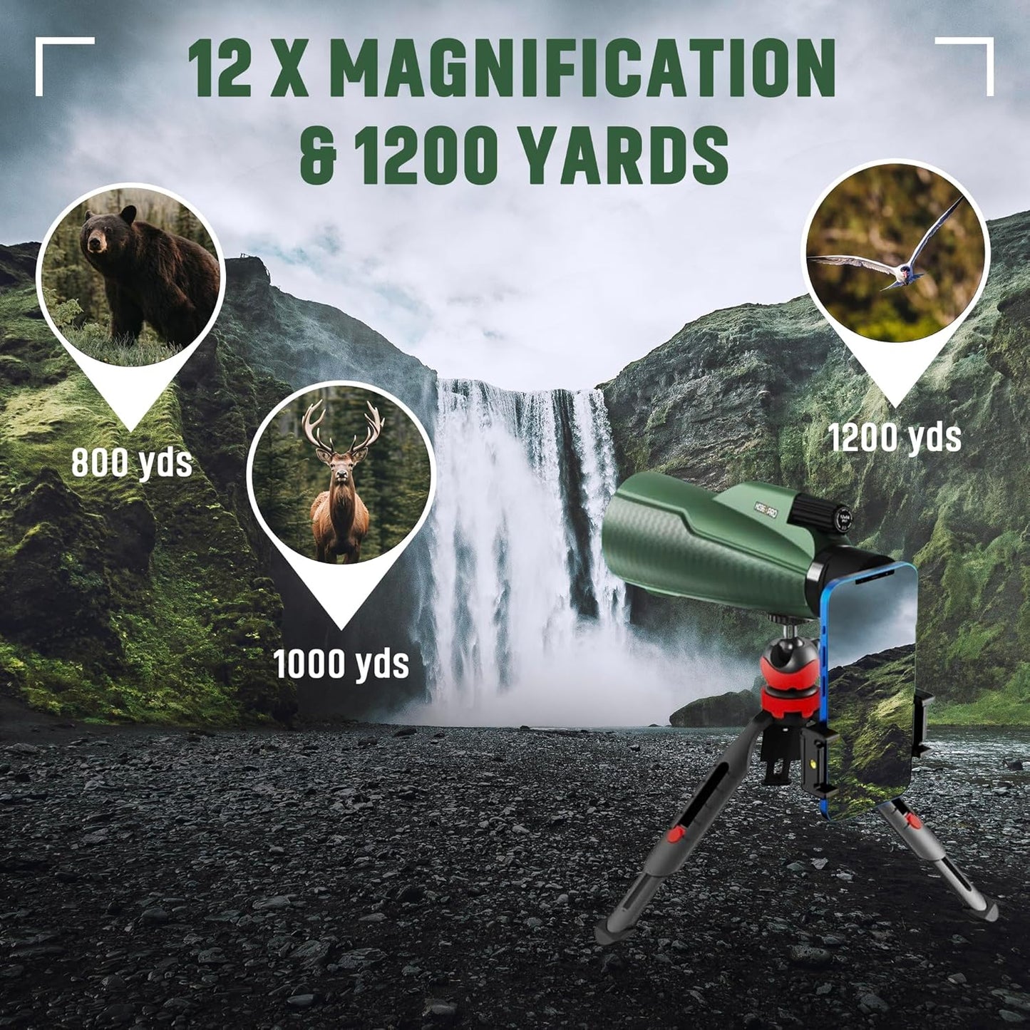 Monocular Telescope - 12x56 High Powered, Compact, Dust-Proof, Waterproof, Handheld Scope with Smartphone Adapter and Metal Tripod - Ideal for Hunting, Stargazing, Birdwatching, and Outdoor Adventures