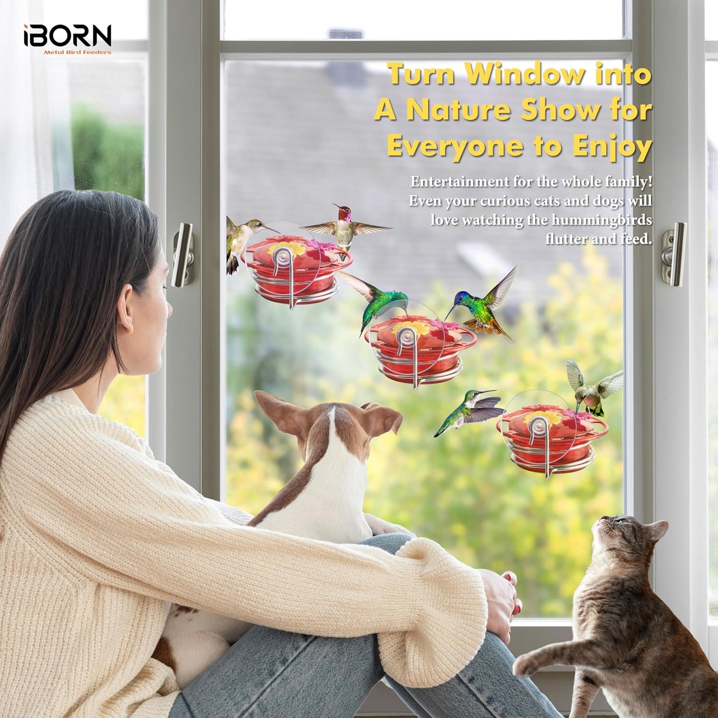 iBorn Window Hummingbird Feeder Mini Hummingbird Feeders for Outdoors, 3OZ Humming Bird Feeder with Strong Suction Cup, 3 Feeding Ports & Stainless Steel Base, 3 Set