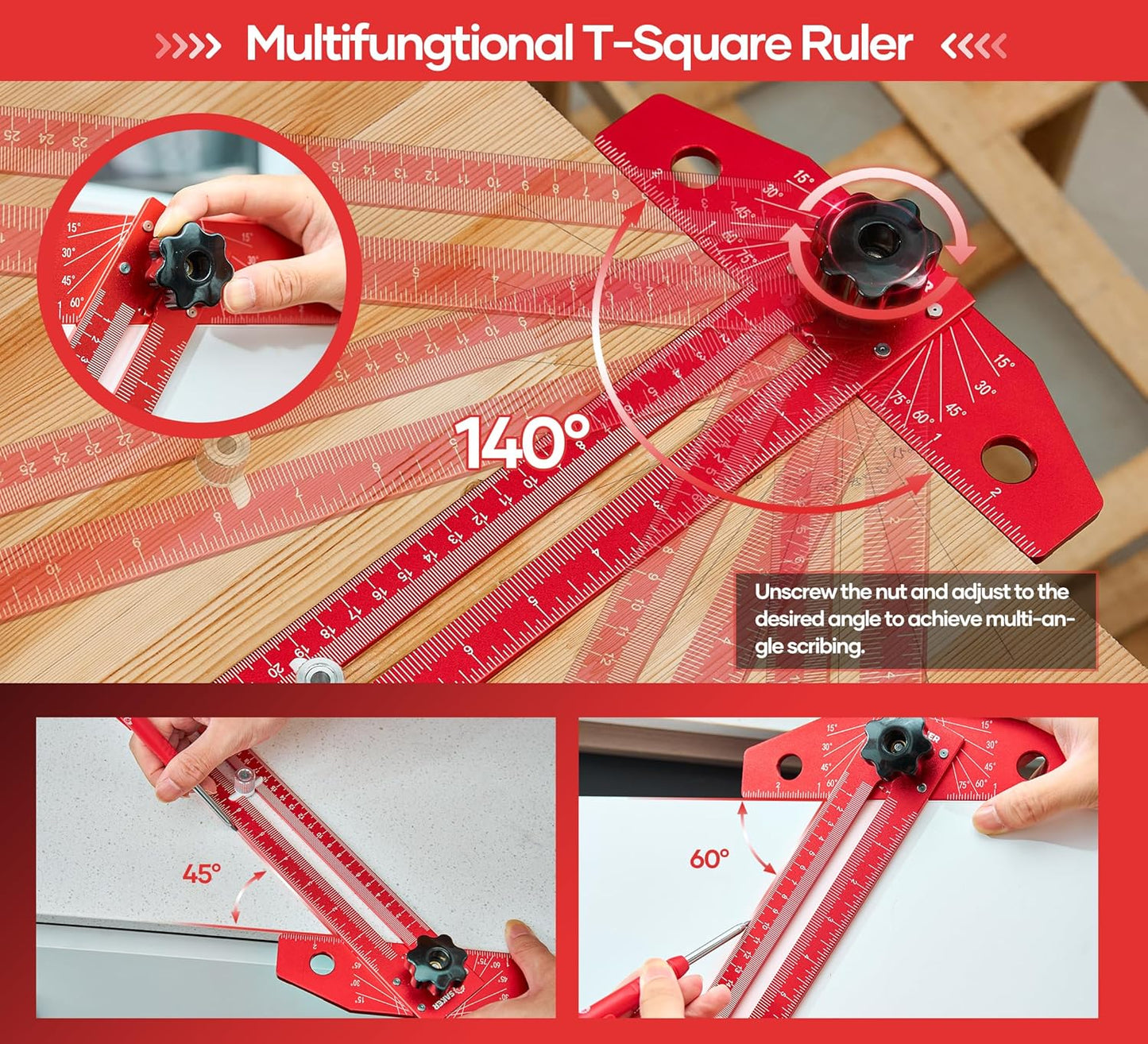 Saker Woodworking Scriber Marking Line Ruler, Adjustable Aluminum Allo