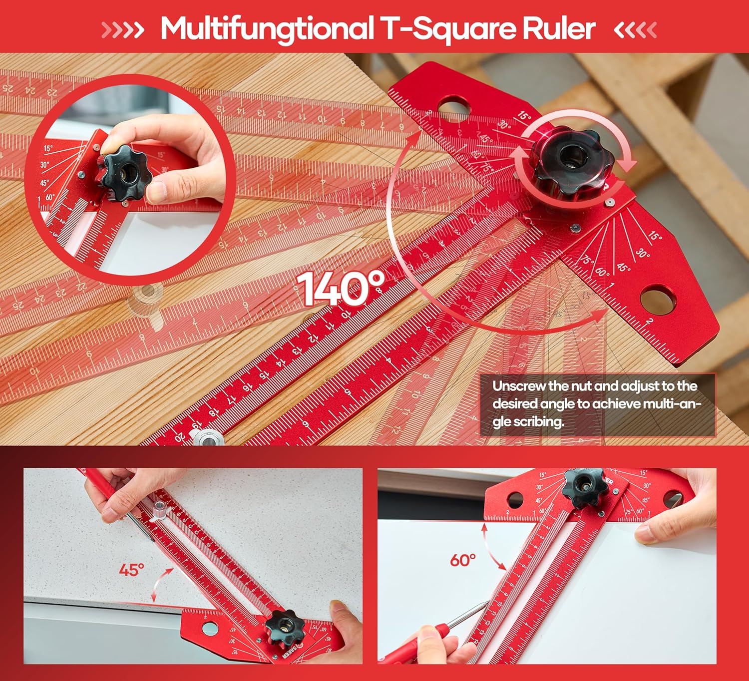 Saker Woodworking Scriber Marking Line Ruler, Adjustable Aluminum Allo