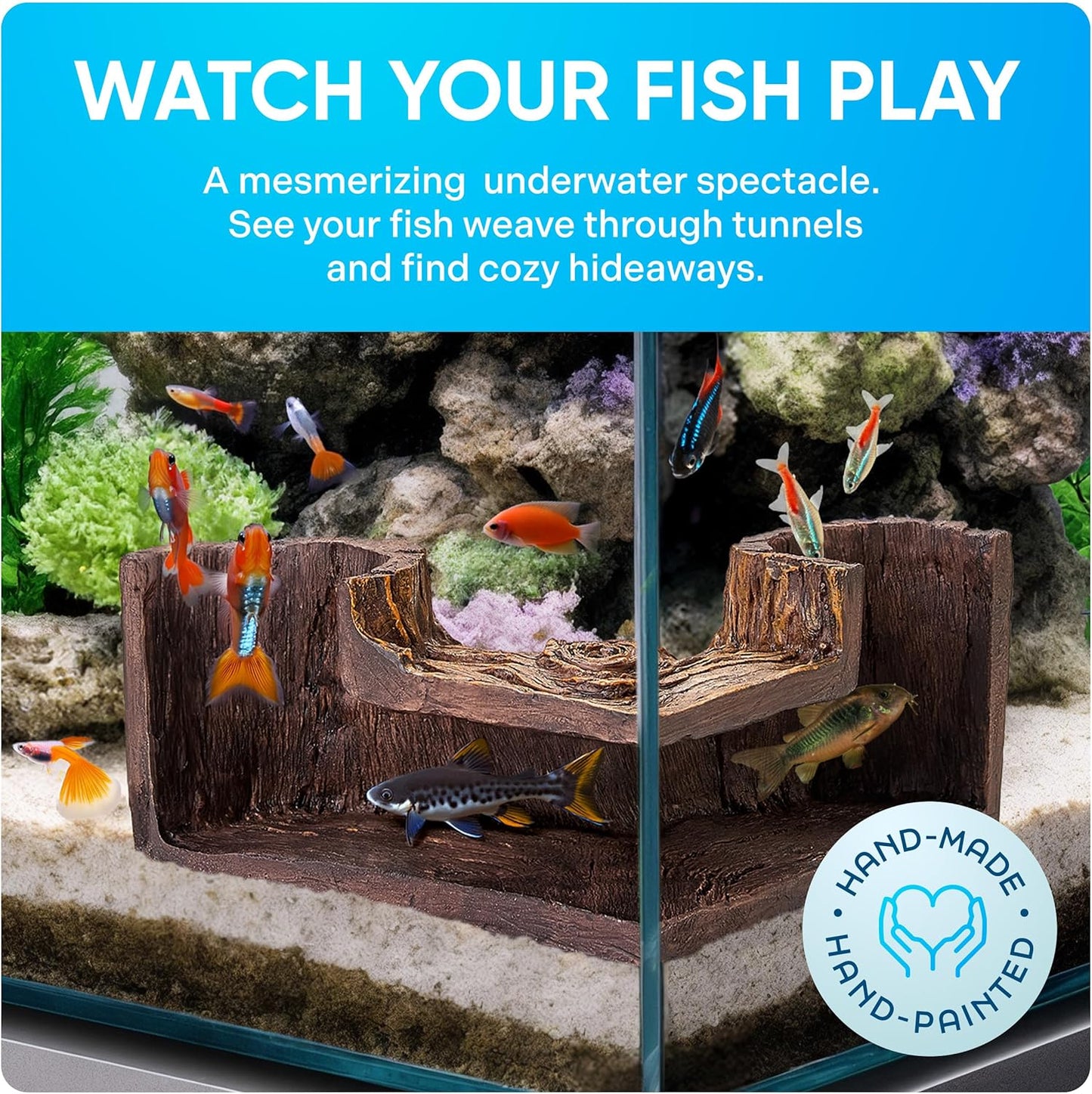 FISHNOSH Aquarium Cave | Natural-Looking Wood-Like BPA-Free Fish Tank 