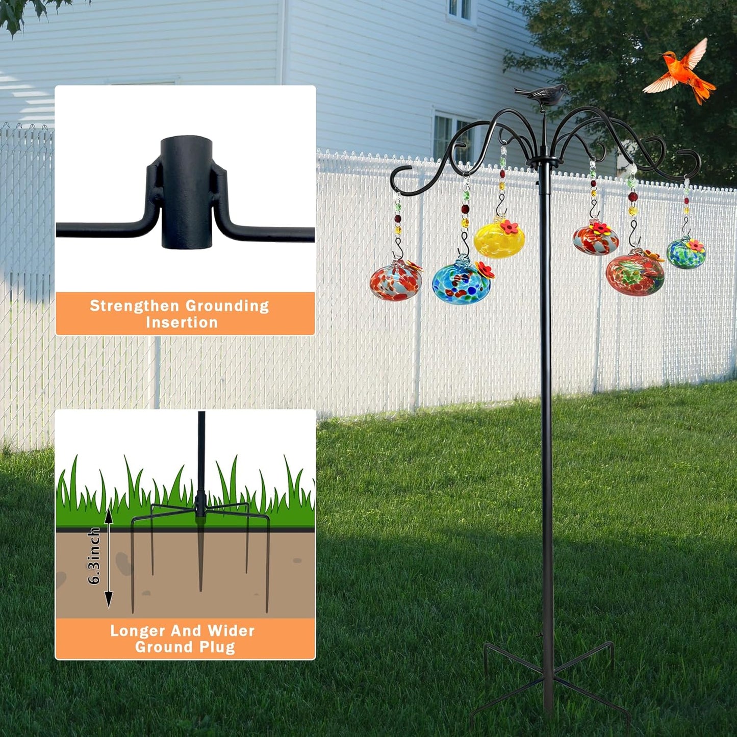 Adjustable Hummingbird Feeder Poles for Outdoors Decorative, Hand Blown Glass Hummingbird Feeders for Outside for Garden Patio Backyard Decor (A)