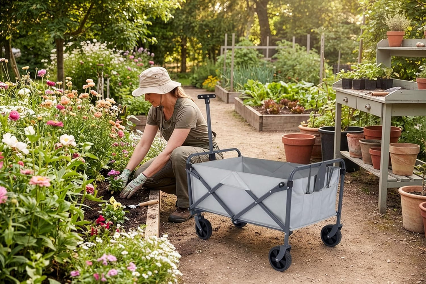 Picnic TIME Garden Wagon with 3 Piece Tools, Utility Cart with Wheels, Steel Frame Collapsible Wagon for Outdoor, Rolling Cart Featuring Telescopic Handle, Removable Insert, and Pockets, (Fog Gray)