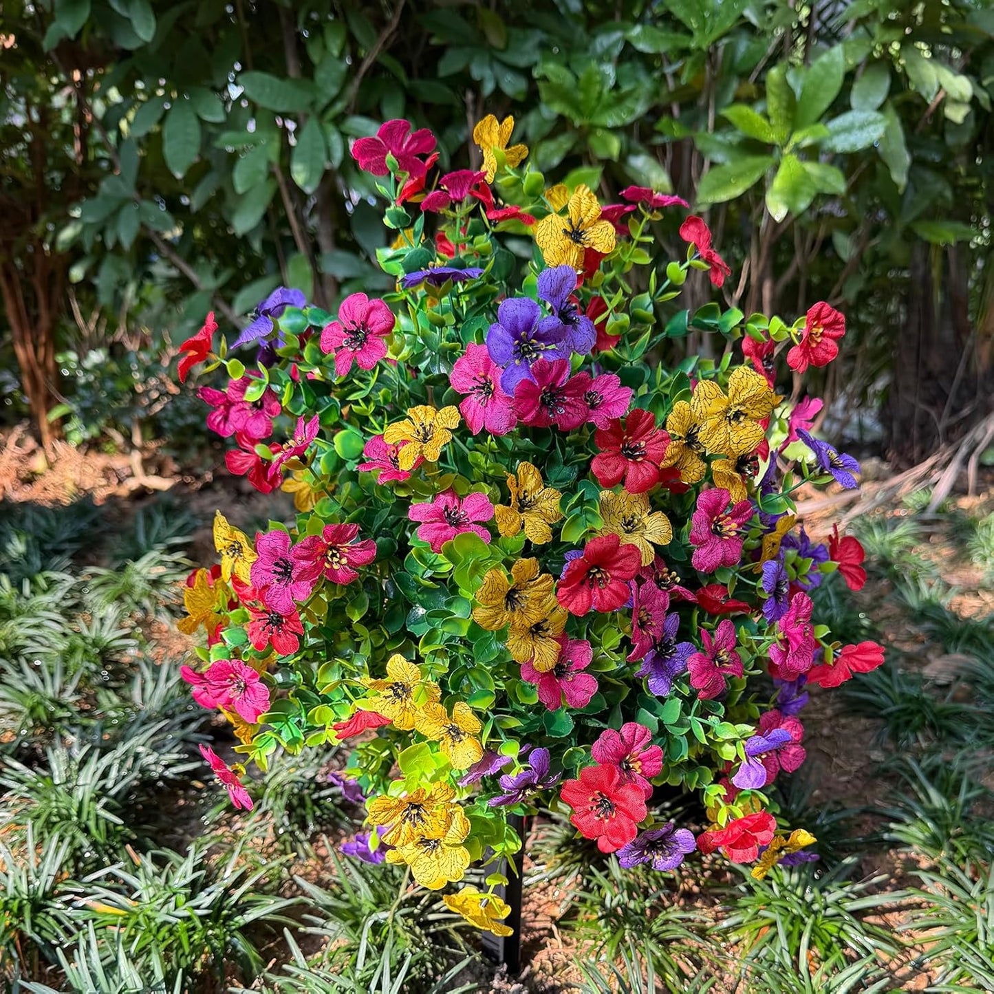 2 Set of 23.6" Outdoor Artificial Flowers UV Resistant, Fake Flowers Bush with Stakes, Lifelike Outdoor Faux Plants with 60 Branches for Garden, Patio, Porch Decor
