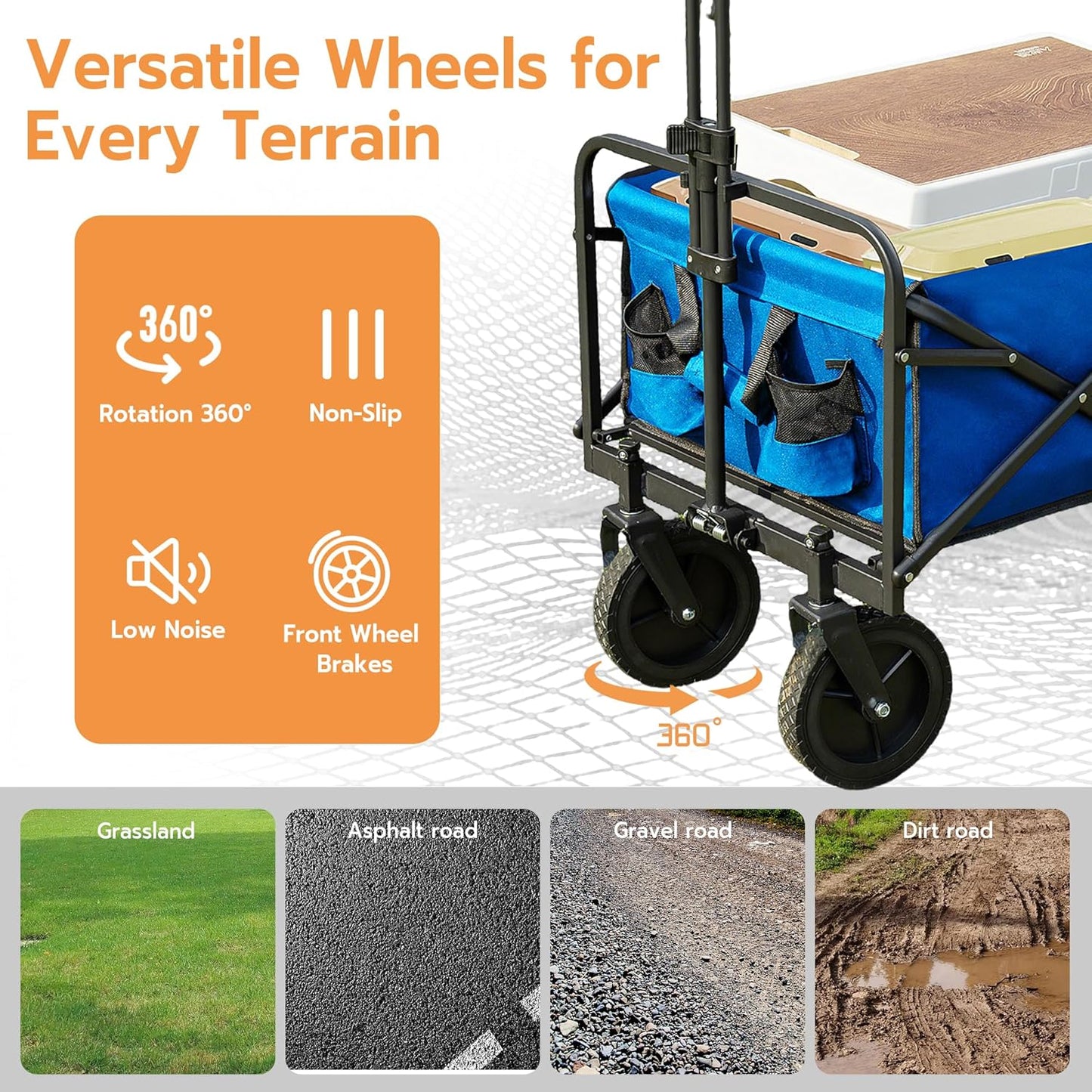 Heavy-Duty Collapsible Wagon Cart with Wheels 250lbs Capacity, Foldable Utility Cart for Camping Gardening Beach, All-Terrain Folding Carts with Reinforced Frame & Smooth Rolling Wheels, Blue
