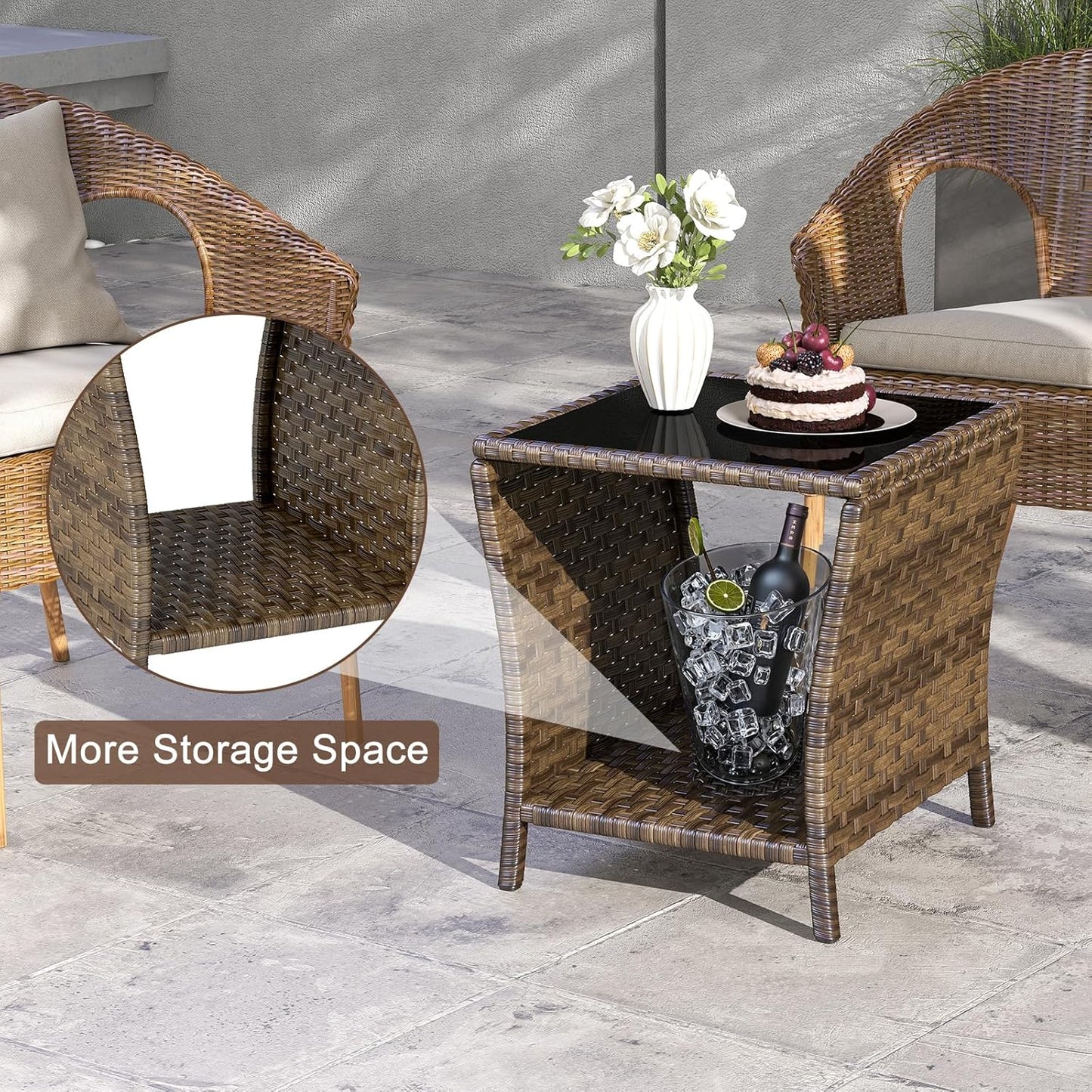 Outdoor Wicker Side Table Rattan Side Tables End Table for Patio with 