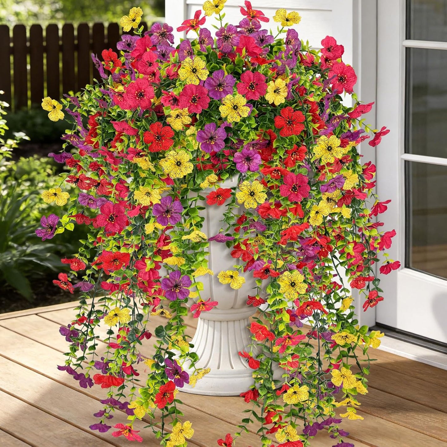 ICX 4 PCS Artificial Hanging Flowers for Outdoors, UV Resistant Artificial Outdoor Flowers, Snake Plant Style Silk Flowers for Pot, Front Door, Porch, Yard, Patio, Window Box, Hanging Basket (Mix)