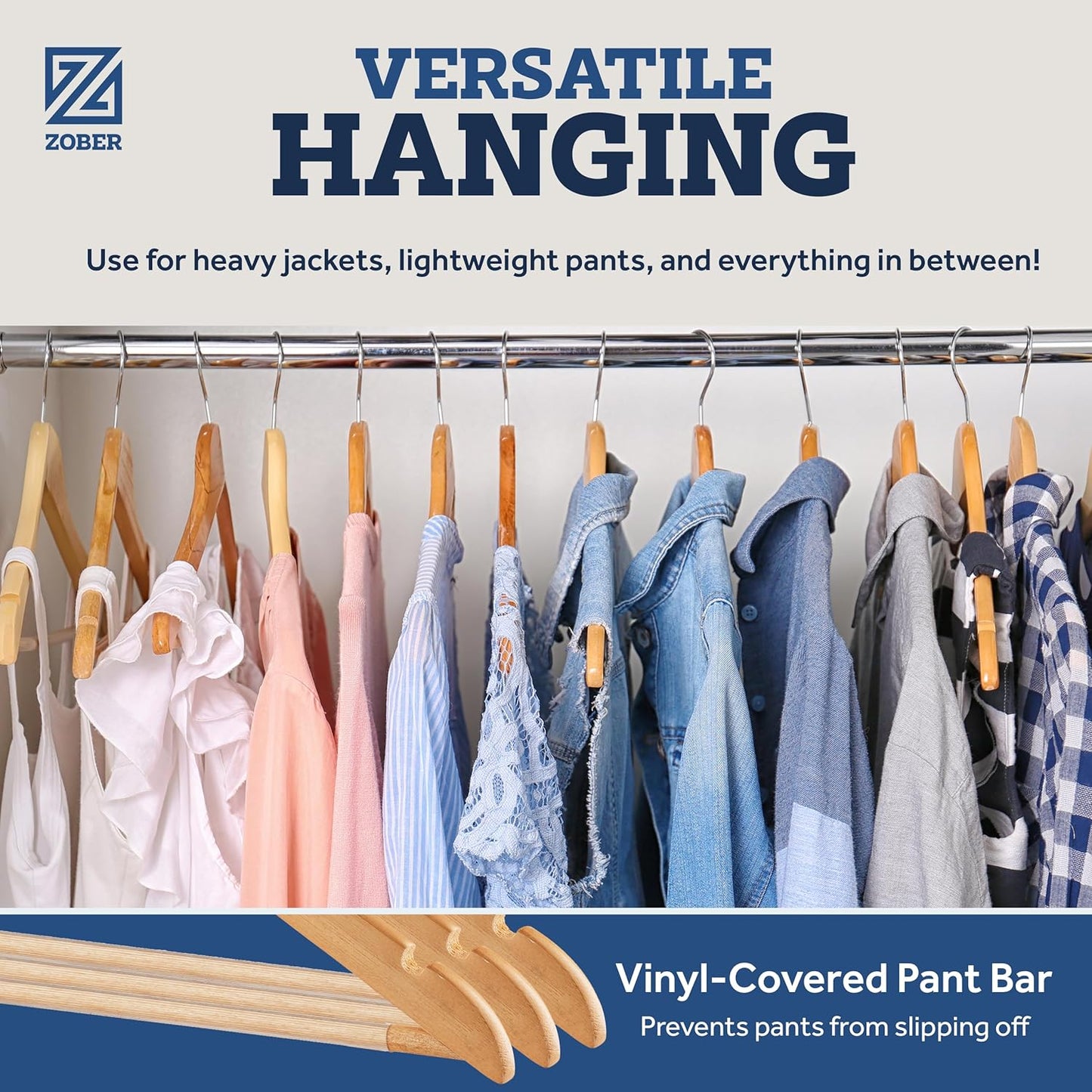 ZOBER High-Grade Wooden Hangers - Heavy Duty, Non Slip Wood Hangers for Coats, Jackets, Suits, & Pants - Clothes Hangers for Closet W/Bar and Notches 20 Pack