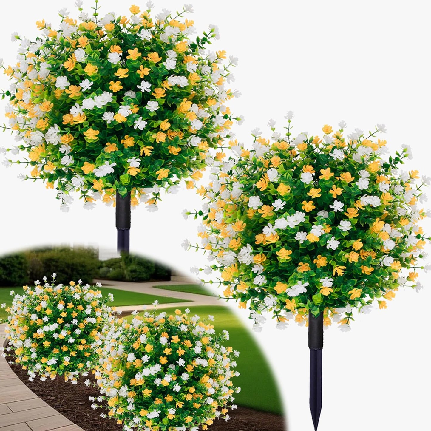 2 Pack Artificial Boxwood Topiary Ball Tree with Spike,15.75" Outdoor UV Resistant Fake Plants Shrubs Bushes,Faux Flower Evergreen for Pot Fillers Planter Porch Yard Outside Spring Decoration