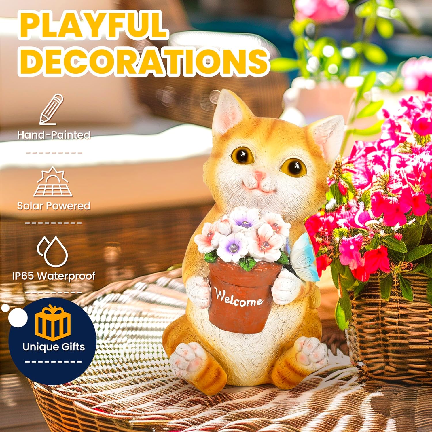 GIGALUMI Solar Garden Decor Flower Pot Cat Statues Outdoor, Birthday G