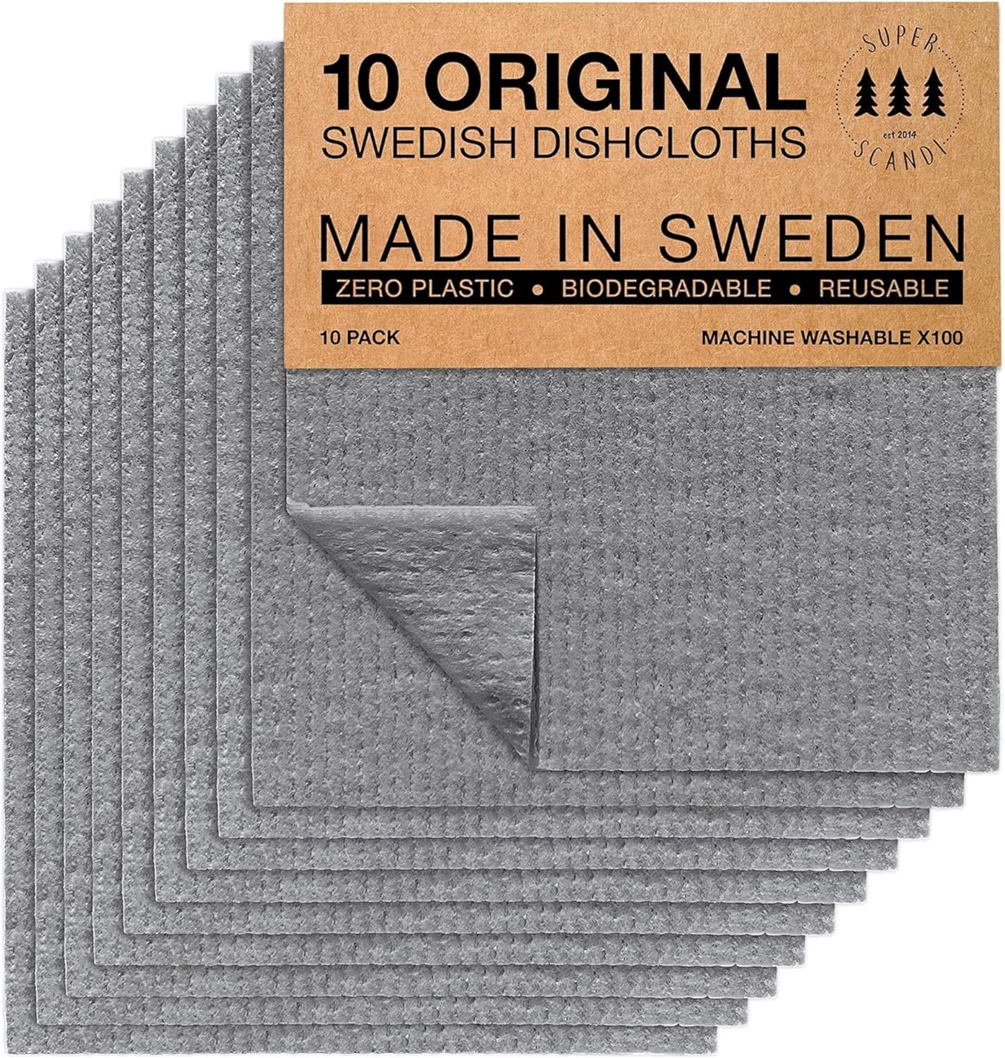 SUPERSCANDI 10 Pack Swedish Dishcloths for Kitchen - 100% Biodegradabl
