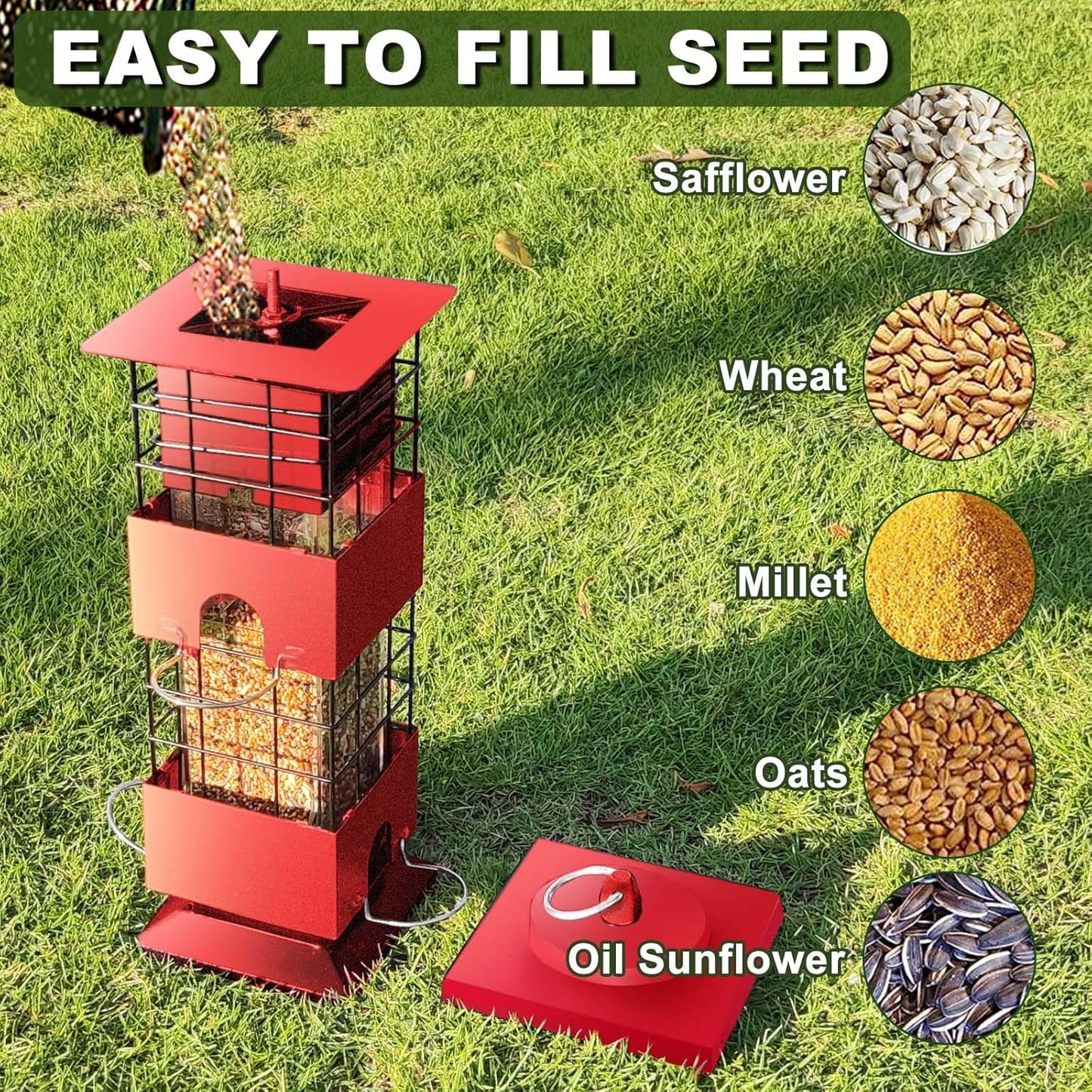 Squirrel Proof Bird Feeder,3Lbs Bird Feeders for Outdoors Hanging, Metal Birds Feeder with 4 Feeding Ports, Wild Birds Feeder for Cardinal, Finch, Sparrow (Red)