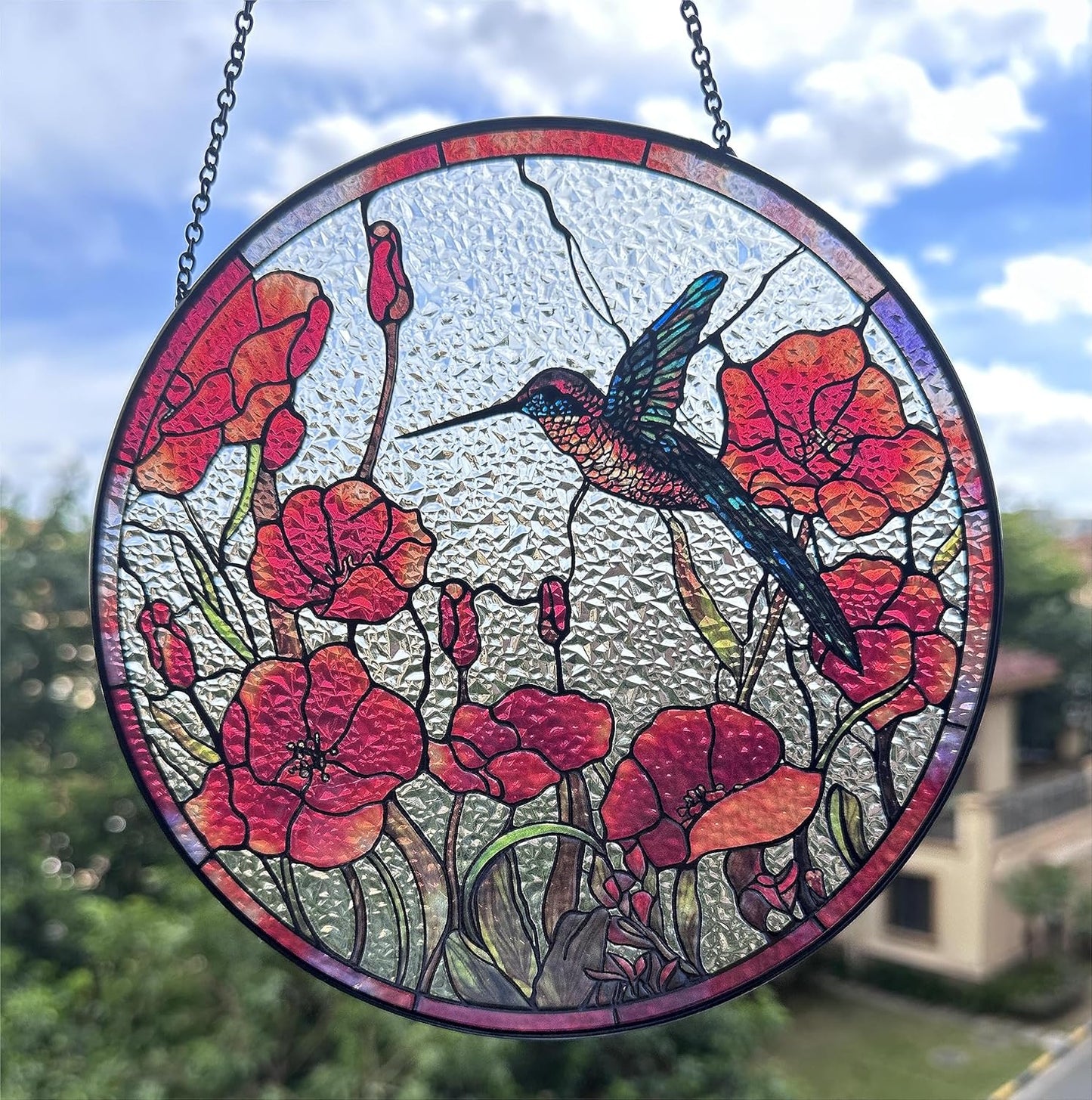8'' Hummingbird Suncatcher Stained Glass Suncatchers - Originally Designed Red Poppies Ornament for Sun Catcher Indoor Window | Gifts for Hummingbird Lovers Painted Glass Panel Decor