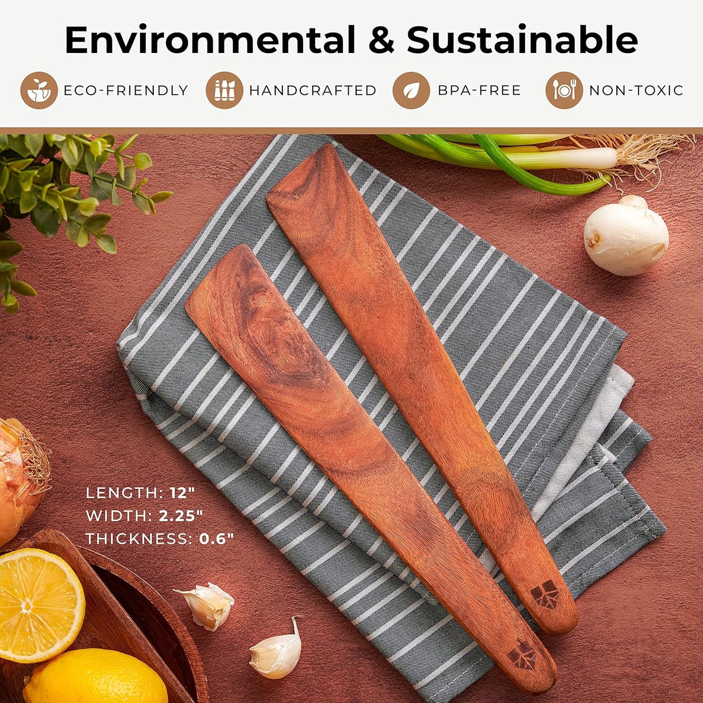 Wooden Spatula for Cooking Set of 2 – 12 Inch Teak Spatula Turner & Flipper for Cast Iron, Flat Egg & Pancake Scraper – Utensils by Woodenhouse