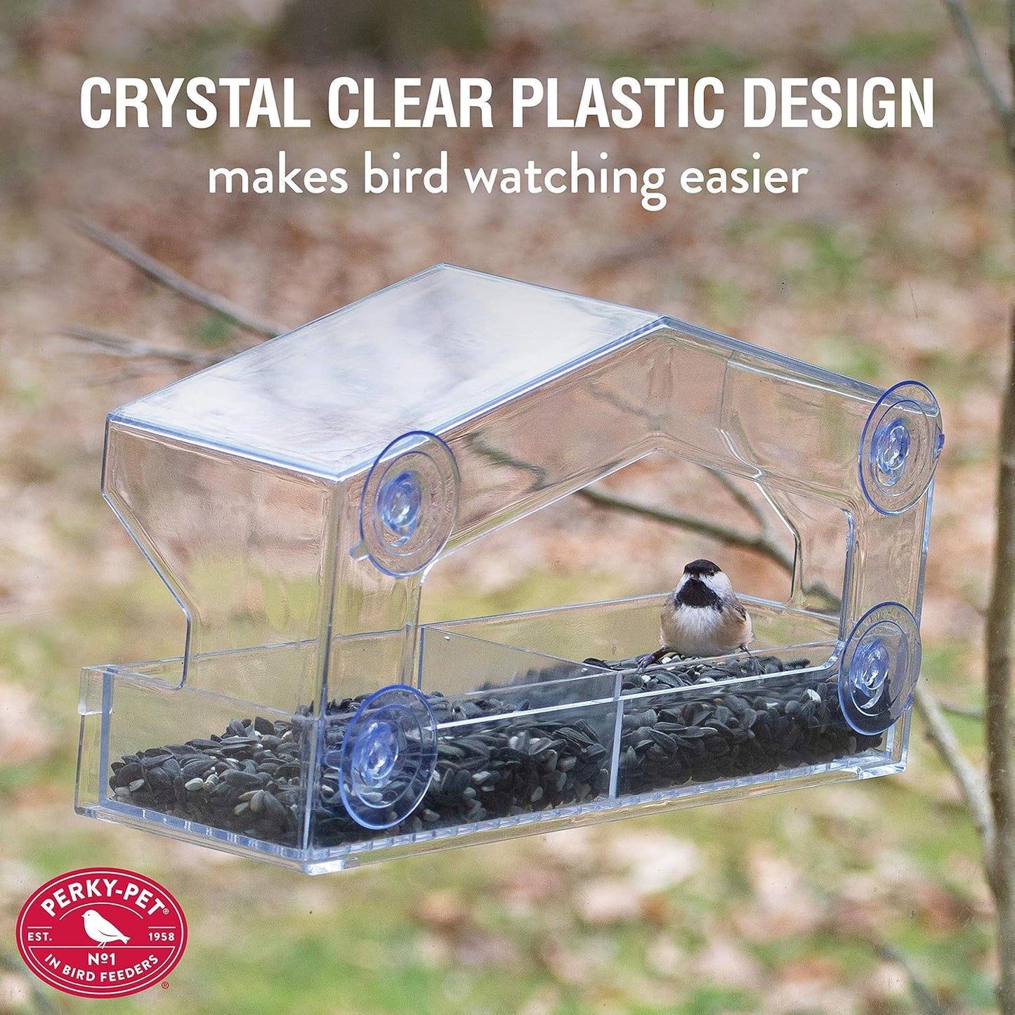 Perky-Pet Clear Outdoor Window Bird Feeder with Strong Suction Cups – 1 Lb Seed Capacity - Perky Pet 347 - Entertaining Bird Feeding - Great Gift Idea, Outdoor Decor