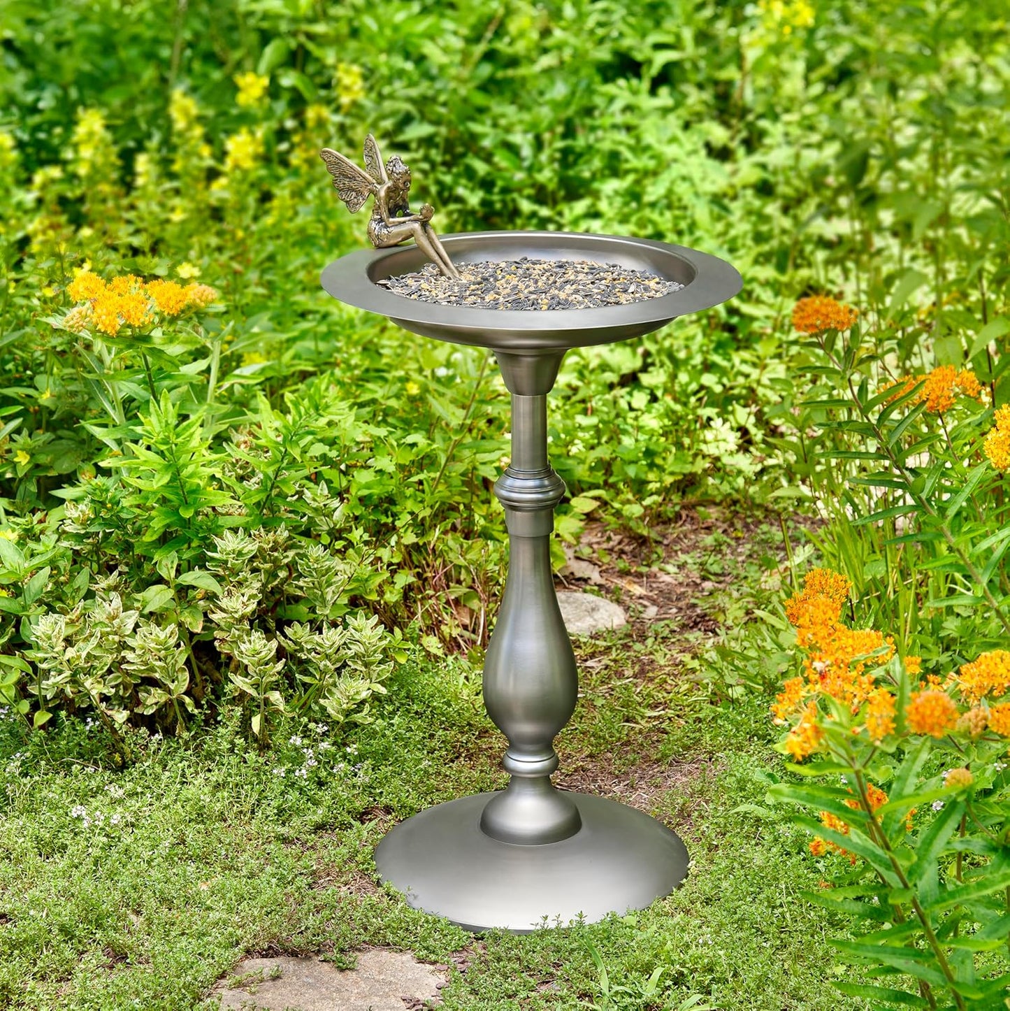 Pewter Pedestal Bird Bath with Fairy Statue, Free Standing Bird Bath, for Outside Backyard, Outdoor Patio, Garden, Birdbath by Good Feeder Gift for Bird Lovers, Large Aluminum Pewter