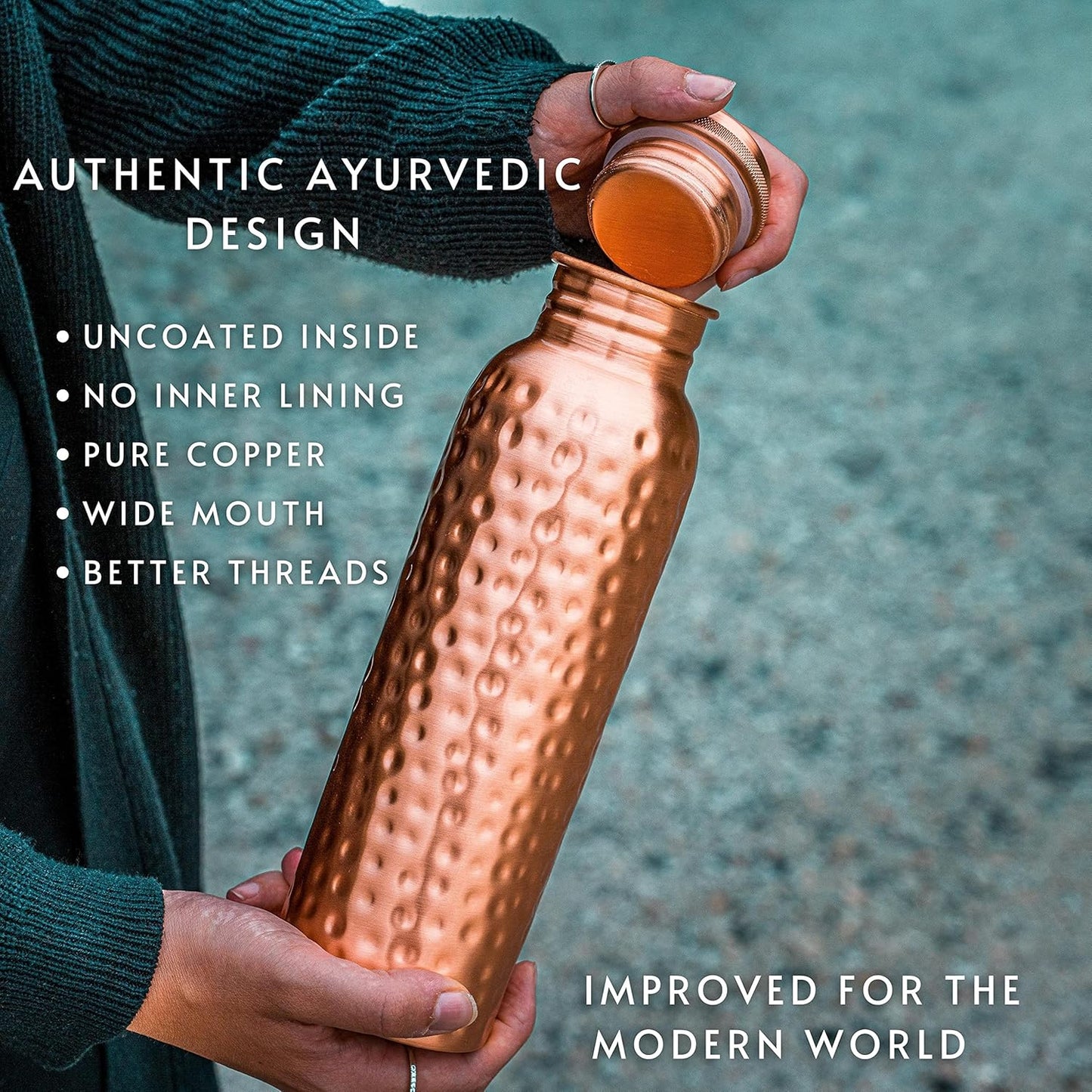 Copper Water Bottle - 34 Oz Extra Large - A Hammered Ayurvedic Pure Copper Vessel For Drinking - Drink More Water, Lower Your Sugar Intake And Enjoy The Health Benefits Immediately