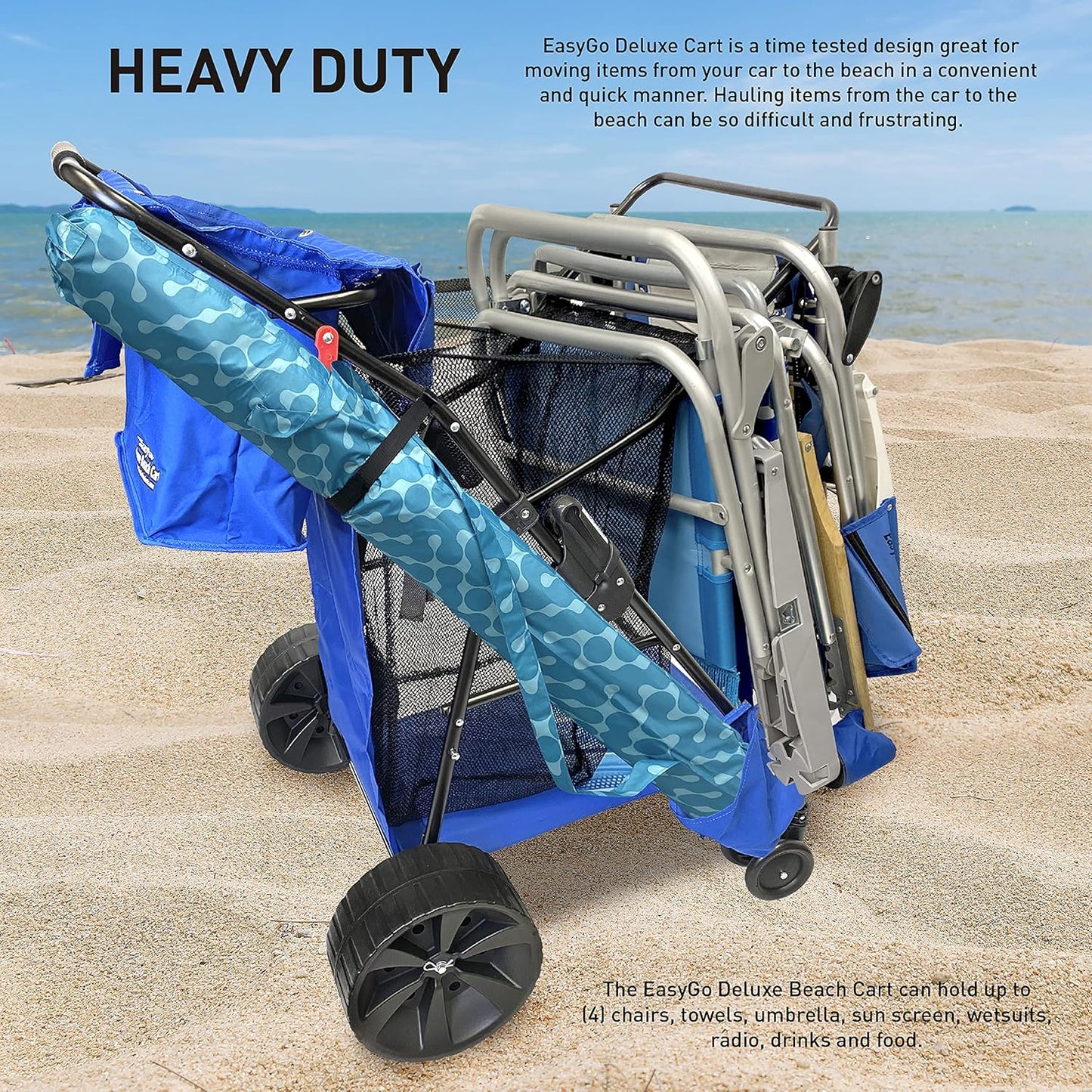 Beach Umbrella Wagon Cart Deluxe – Heavy Duty Folding Ocean Utility Cart – Large Sand Wheels – Holds 4 Beach Chairs – Storage Pouch -Holder –Removable Bag - Solid Blue
