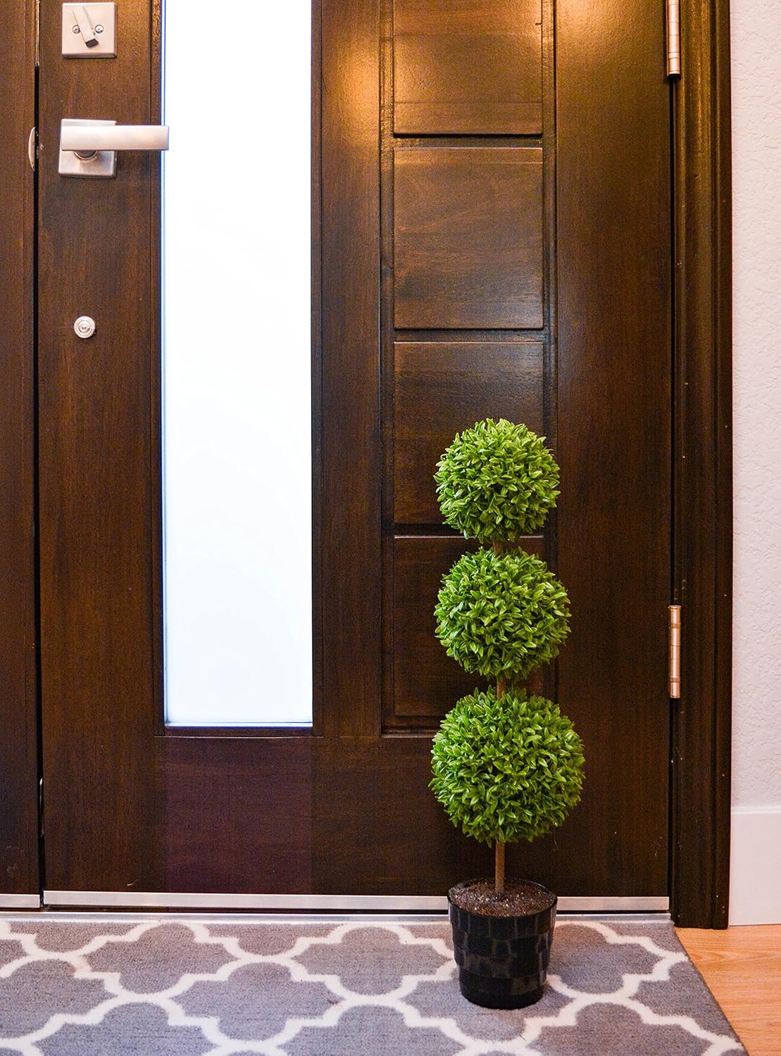 Admired by Nature 24 Inch Artificial Boxwood Topiary Plants - 3 Ball-Shape Faux Topiaries with Planters for Home Decor, Office Desk, Front Porch Indoor and Outdoor - Green with Black Pot, 1 Pack
