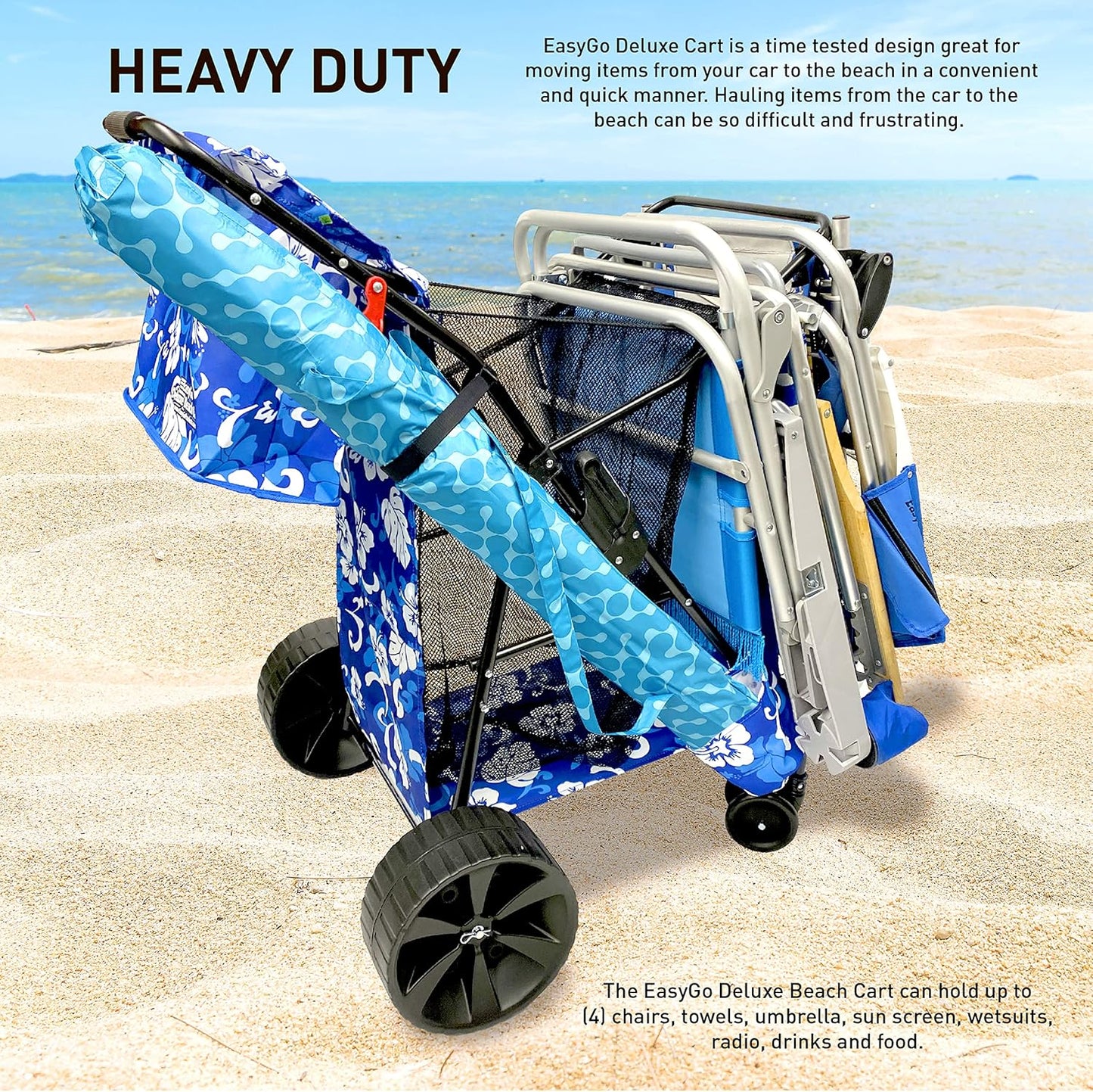 Beach Cart Deluxe Heavy Duty Folding Ocean Utility Large Sand Wheels Holds 4 Folding Chairs Umbrella Holder Removable Storage Bag – Premium Flower Pattern