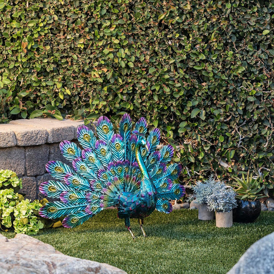 Alpine Corporation 23" Tall Outdoor Metallic Peacock Tail Spread Yard 