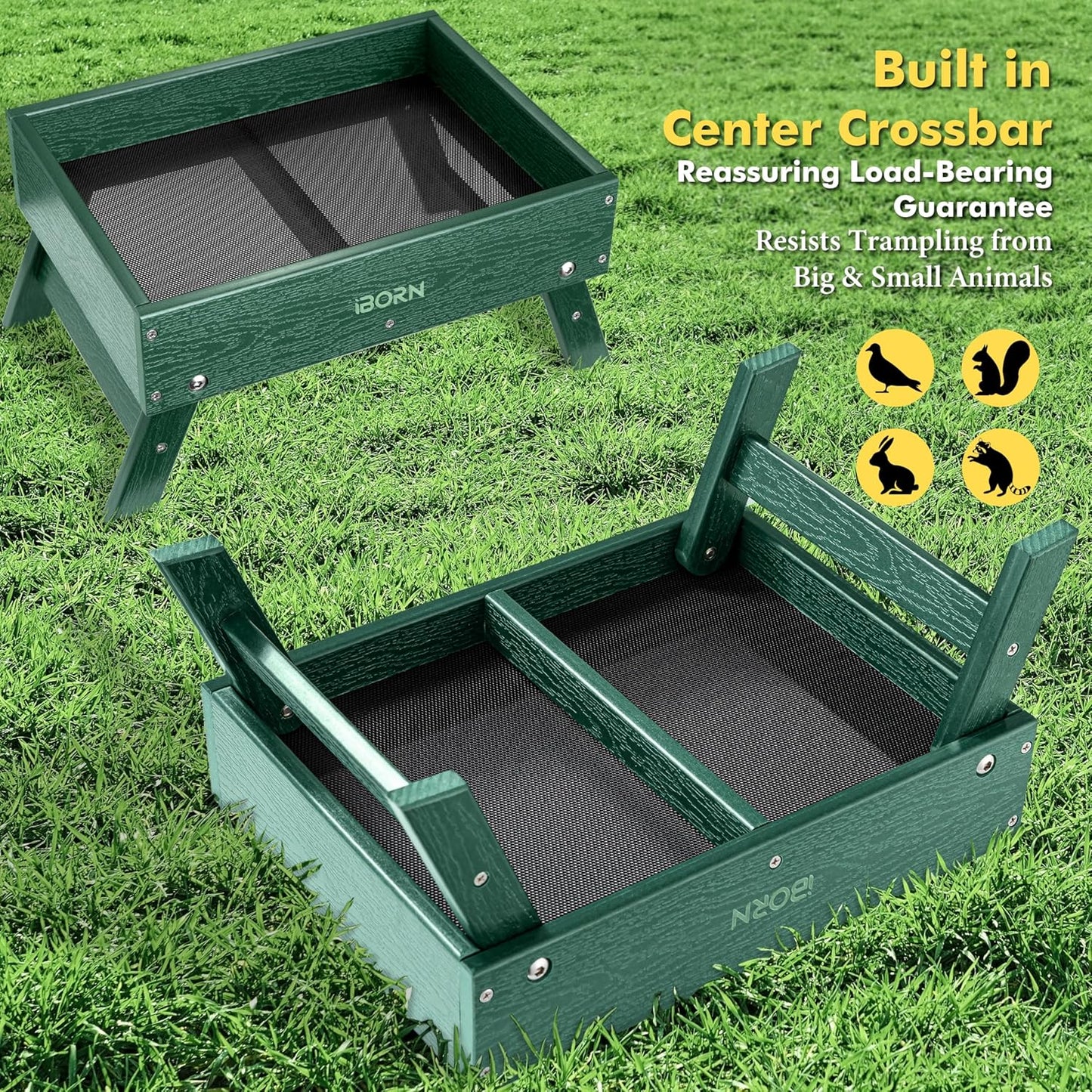 iBorn Ground Bird Feeder, Bird & Squirrel Platform Feeder for Outdoors, WPC Recycled Plastic, 3.6LB Large Capacity, Green