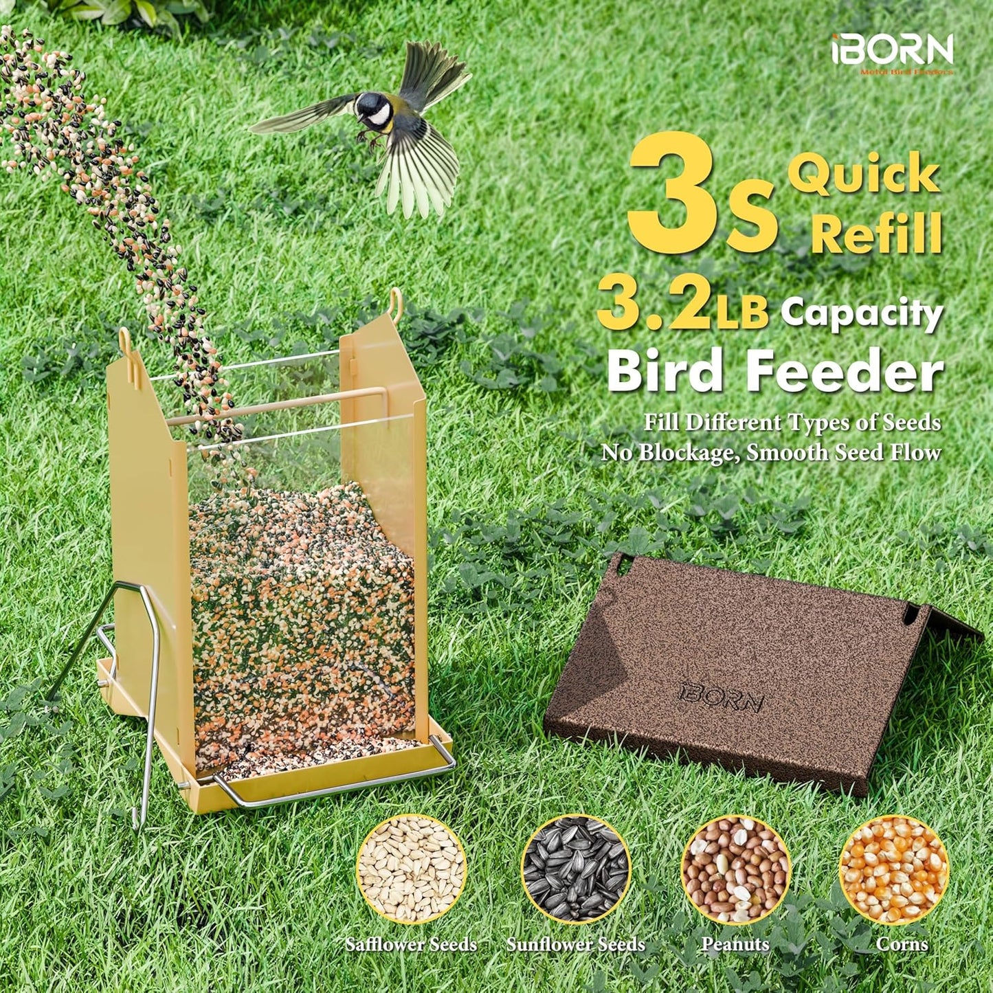 iBorn Bird Feeders for Outdoors,Bird Feeder with Weatherproof Metal Roof & 8 Drain Holes,Fully Detachable Birdfeeder Design,Easy to Refill & Clean,Chew-Proof PC Windows,3.2 Lbs Capacity,Coffee Roof