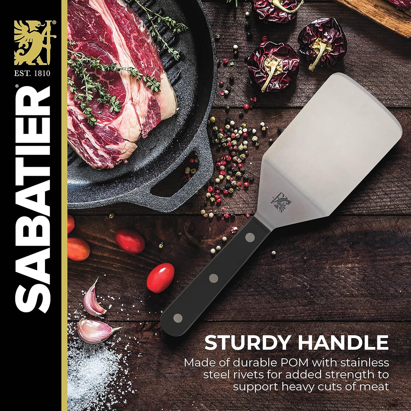 Sabatier Triple Rivet Stainless Steel Wide Turner, 9.65-Inch, Black,5154549