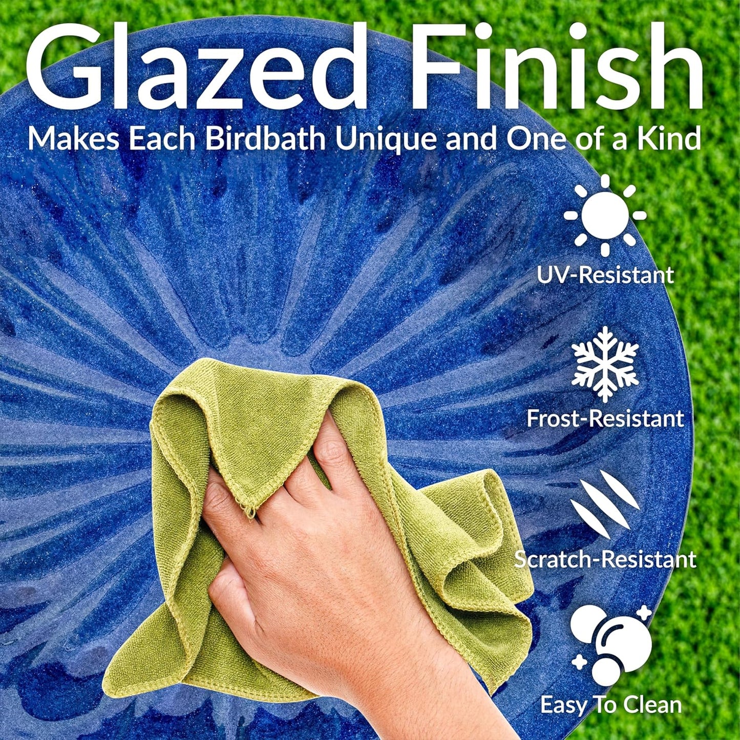Sunnydaze Blue Ceramic Bird Bath for Outside - 21.5" H Garden Bird Bath - Daisy Embossed Bowl - UV-/Frost-Resistant Glaze Finish