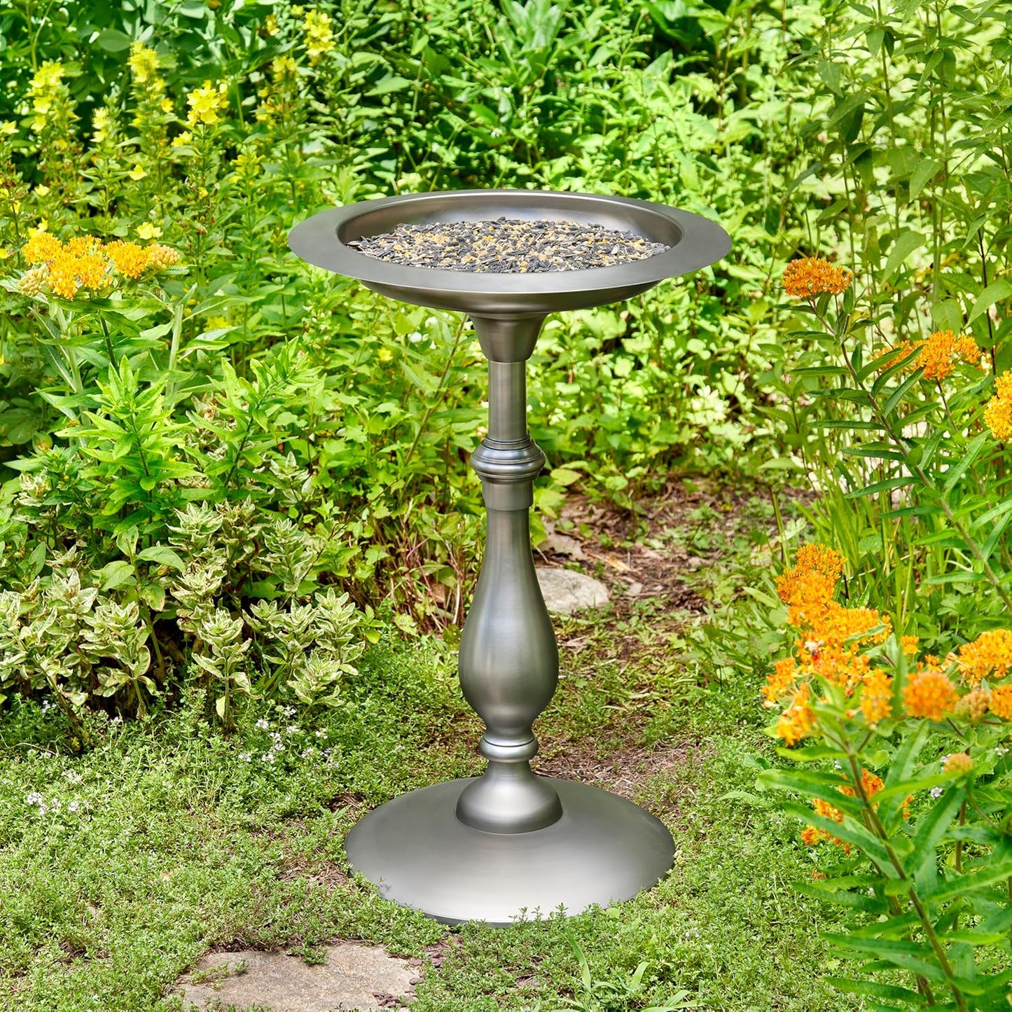 Classic Pewter Pedestal Free Standing Bird Bath, for Outside Backyard, Outdoor Patio, Garden, Birdbath by Good Directions, Hummingbird Feeder Gift for Bird Lovers, Large Pewter