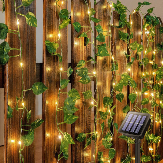 woohaha Solar Vine with Fairy Lights,23ft 73LED Ivy String Light for Christmas Decorations,Leaf Light for Bedroom, Room, Wall, Garden, Party, Wedding Decor (Warm White)