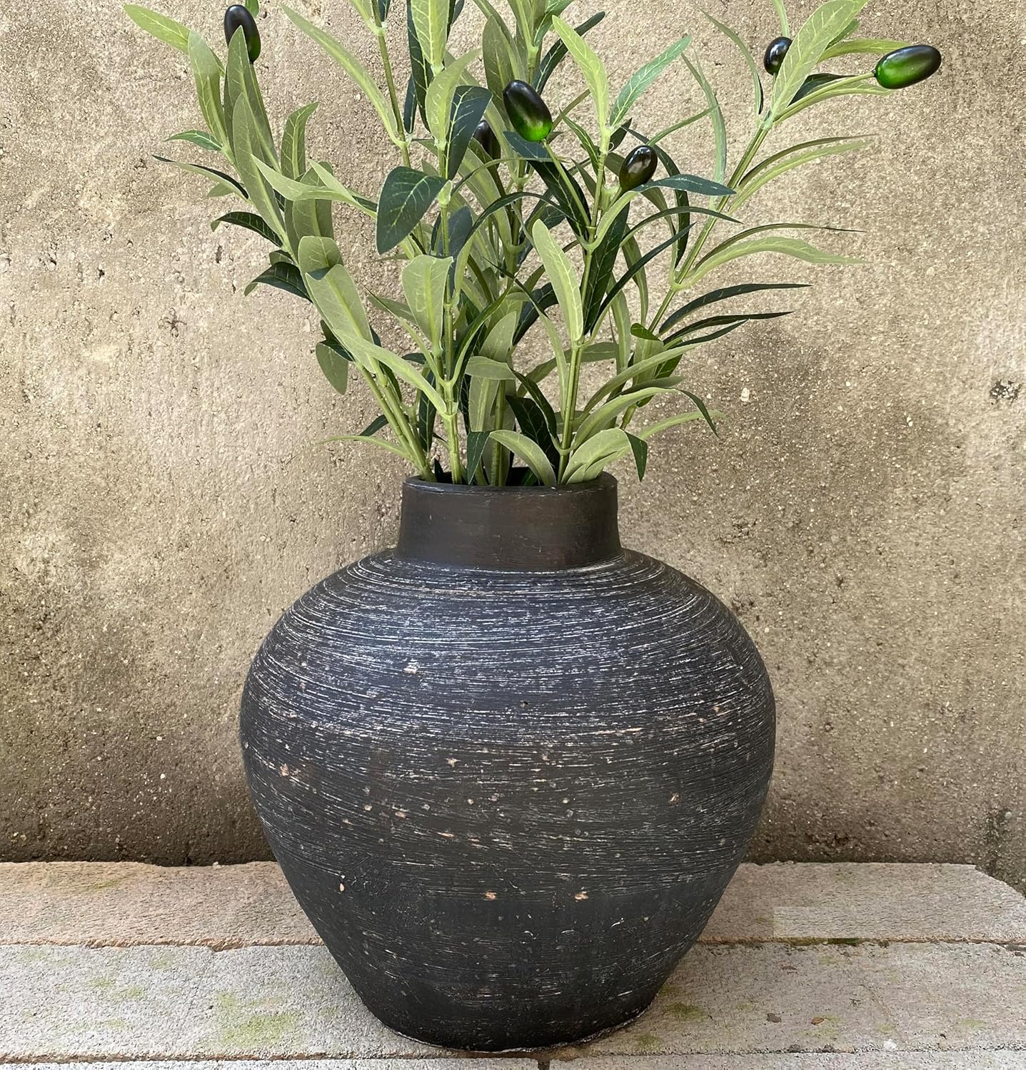 Handmade 10'' Black Rustic Clay Vase, Large Black Round Terracotta Vase, Stone Textured Farmhouse Pottery Pot