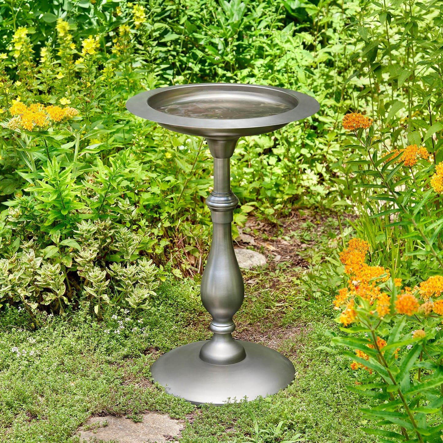 Classic Pewter Pedestal Free Standing Bird Bath, for Outside Backyard,