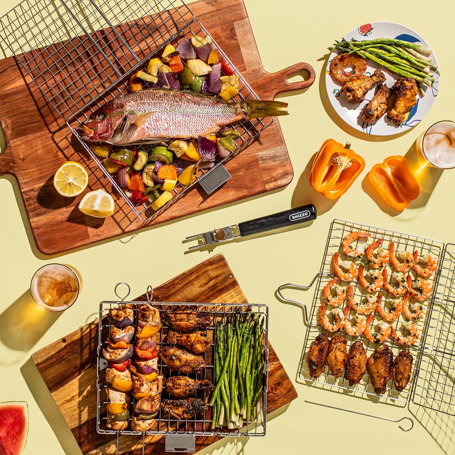 SHIZZO Grill Basket Set, Barbecue BBQ Grilling, Stainless Steel Foldin
