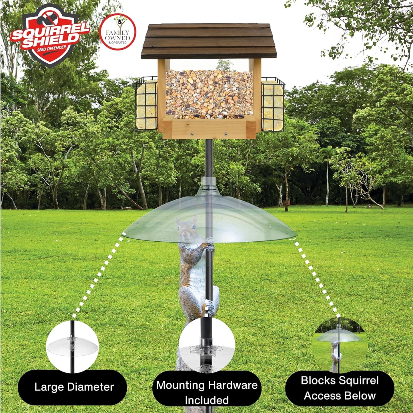 Squirrel Shield 16 inch Plastic Squirrel Baffle - Protects Hanging and Pole Mounted Feeders, Clear